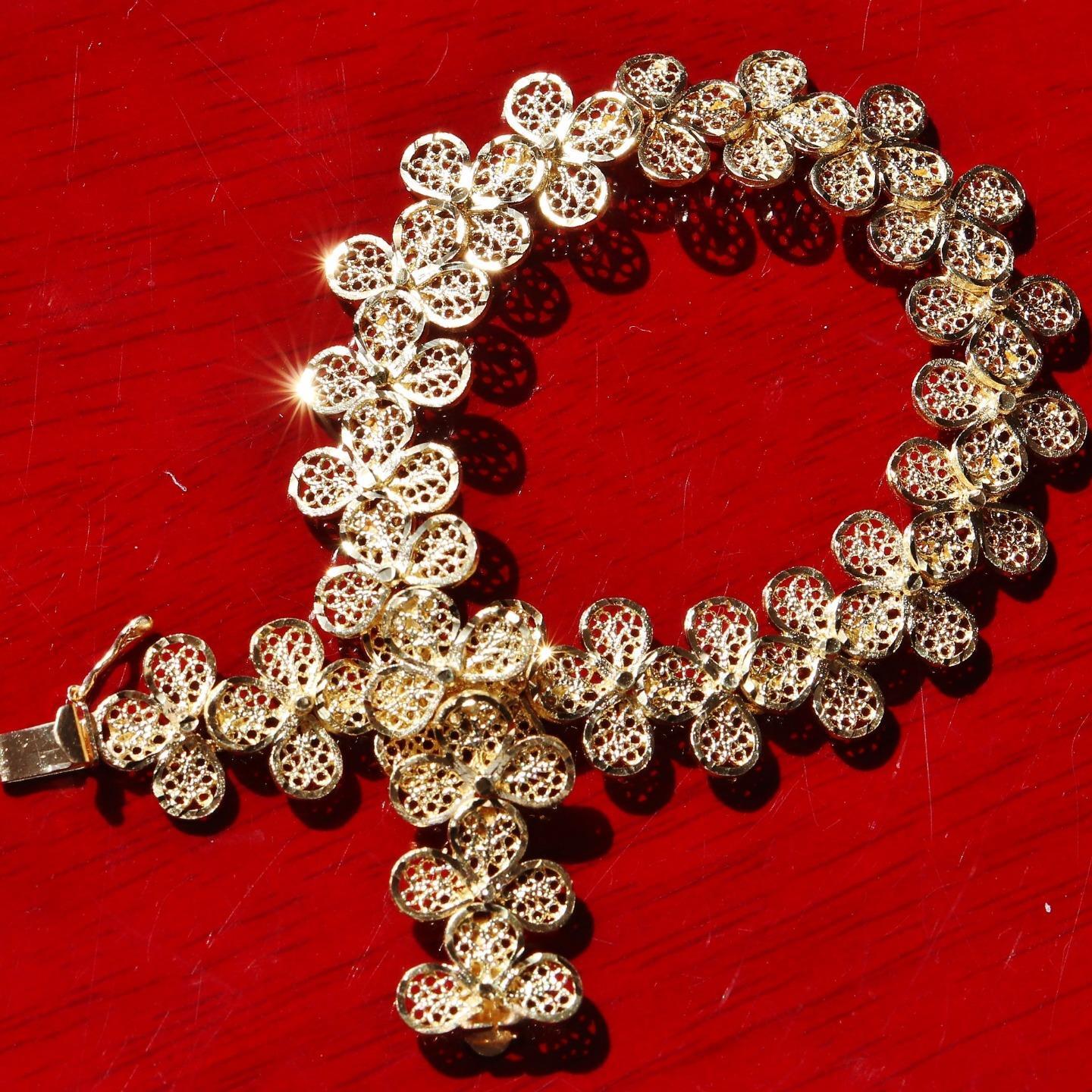 14k yellow gold bracelet 7.25″ diamond cut flower link chain handmade 15.7g N307
