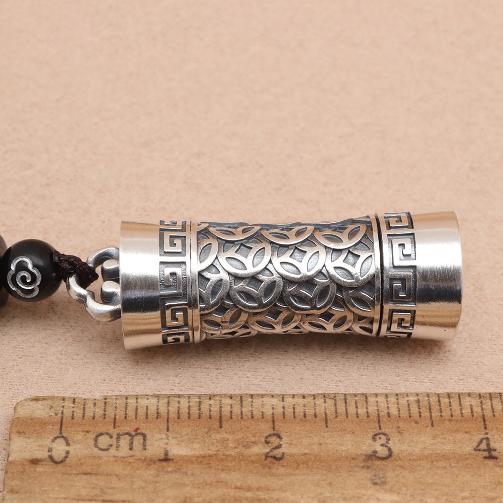 Pure S999 Fine Silver Men Women Engraved Lucky Money Coin Pillar Pendant 19-21g