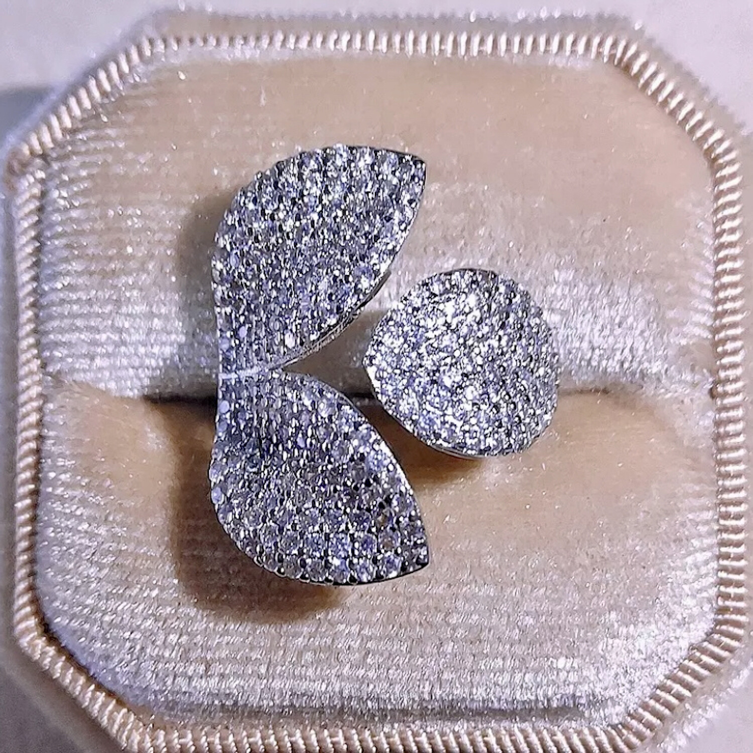18k White Gold Plated Leaf Adjustable Ring made w Swarovski Crystal Stone