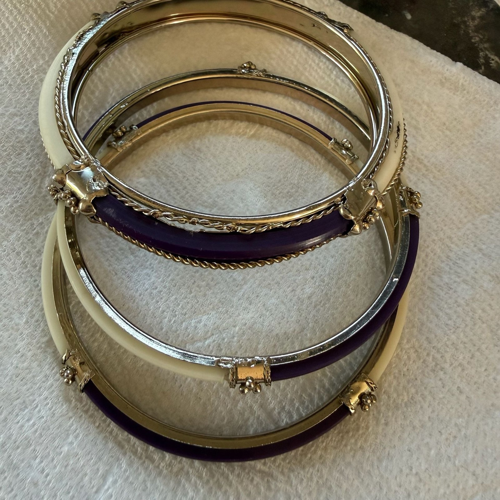 Vintage Gold Tone Bangle Bracelets with Purple and Cream Enamel Inlay