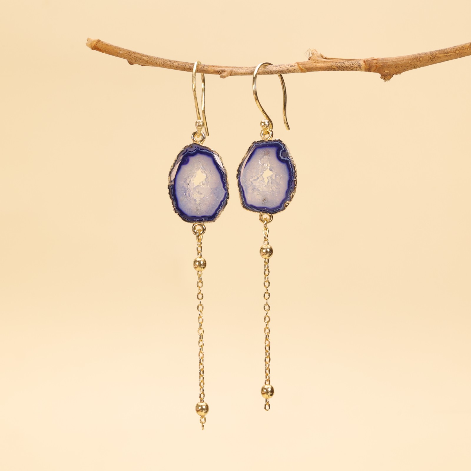 Aqua Geode Druzy Earrings, Gold Plated Agate Slice Dangle, Boho Gemstone Jewelry