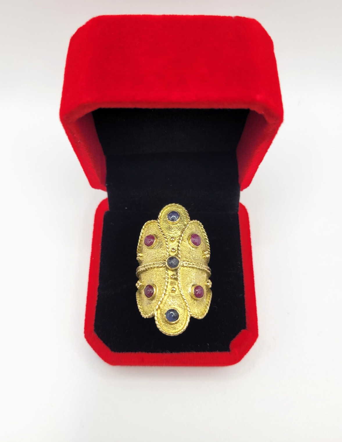18K Yellow Gold Etruscan Byzantine Ruby & Sapphire Ring