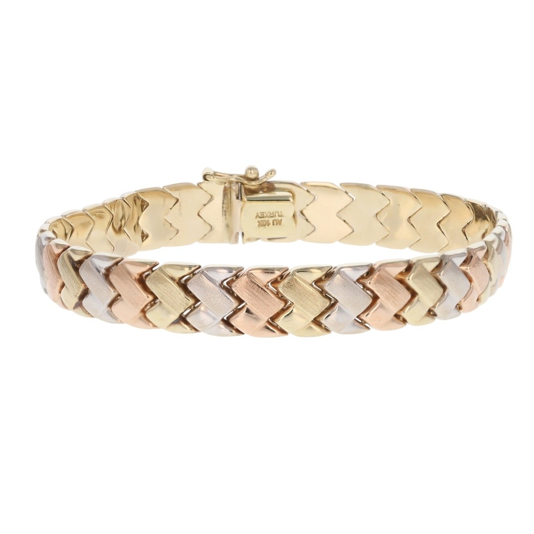 8.7mm Weave Style Fancy Link Chain 7.5″ Bracelet 10k Multi-Tone Gold 9.85 Grams