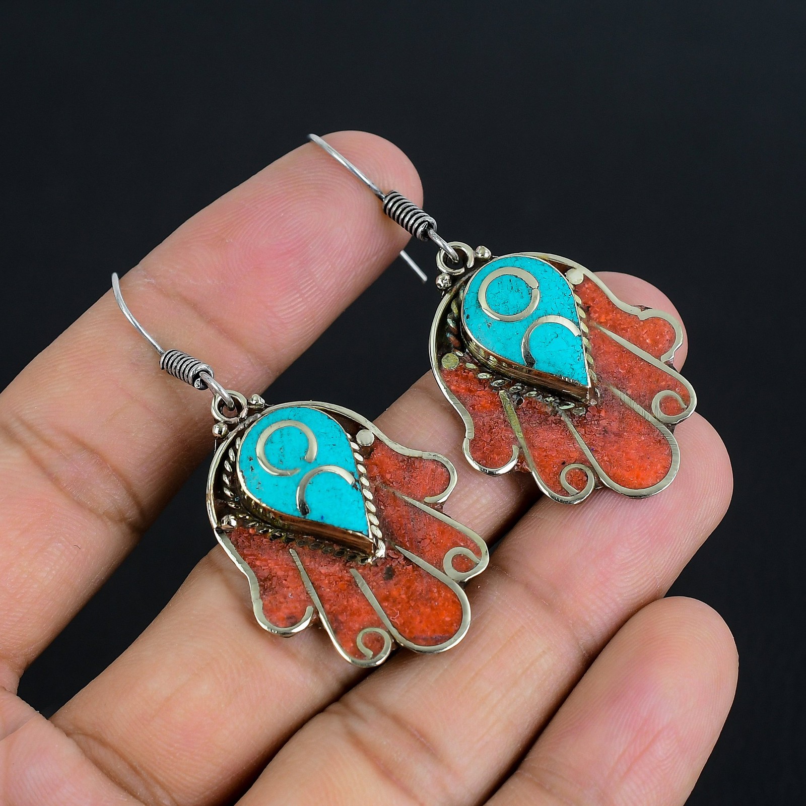 Turquoise Red Coral Handmade 925 Sterling Silver Tibetan Nepali Earring 2.1″ k71