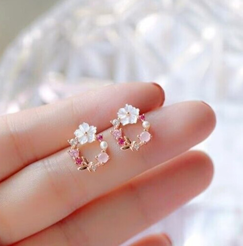925 Sterling Silver Circle Flower Pearl Dainty Minimalist Women Stud Earrings