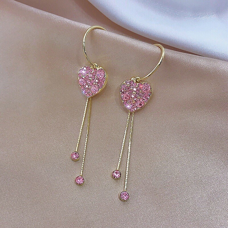 Pink Heart Dangle Drop Earrings,Tassel Earrings,Long Earrings,Heart Earrings