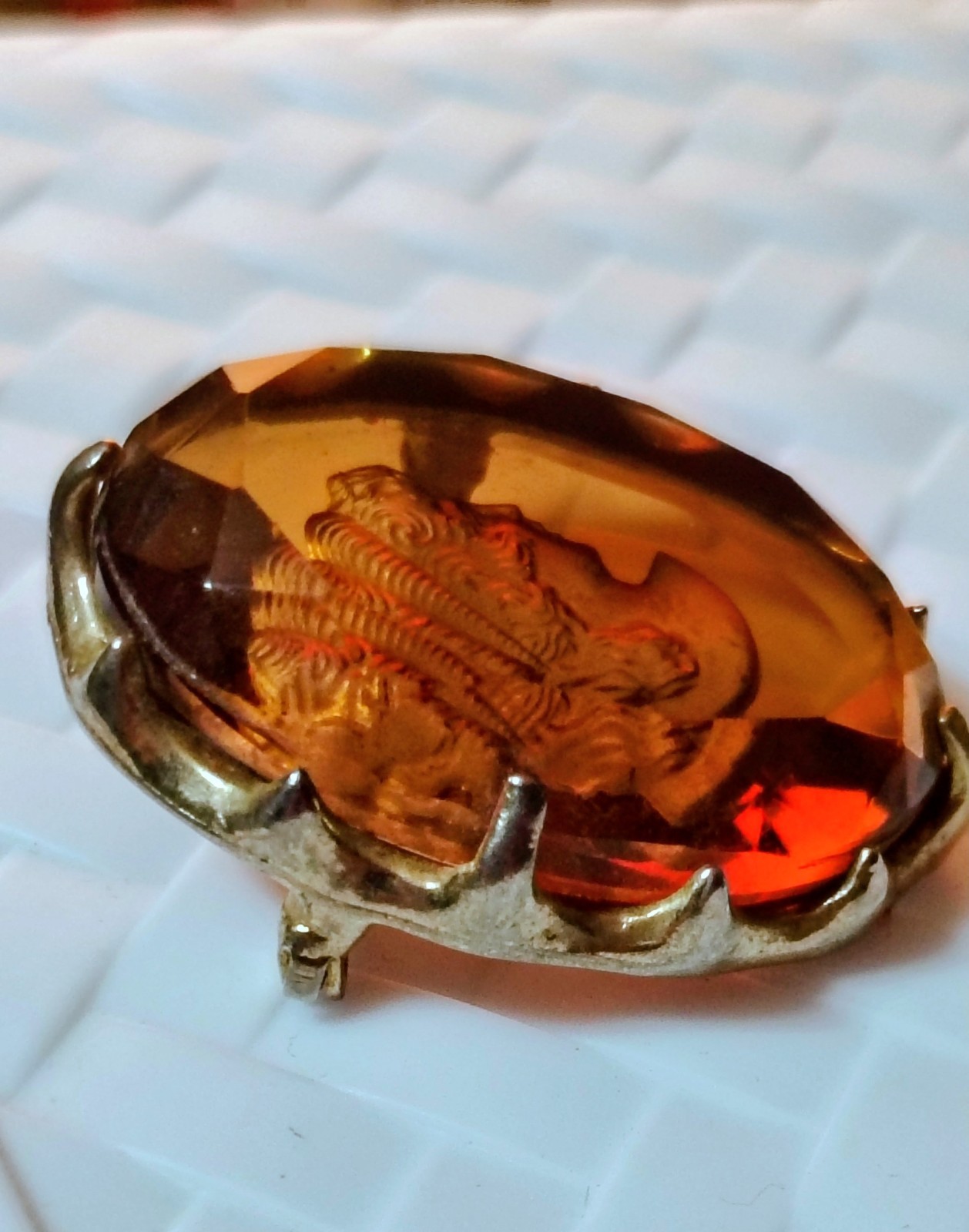 Vintage Reverse Carved Amber Cameo Portrait Brooch Pin, Oval Stone, Beauty Theme