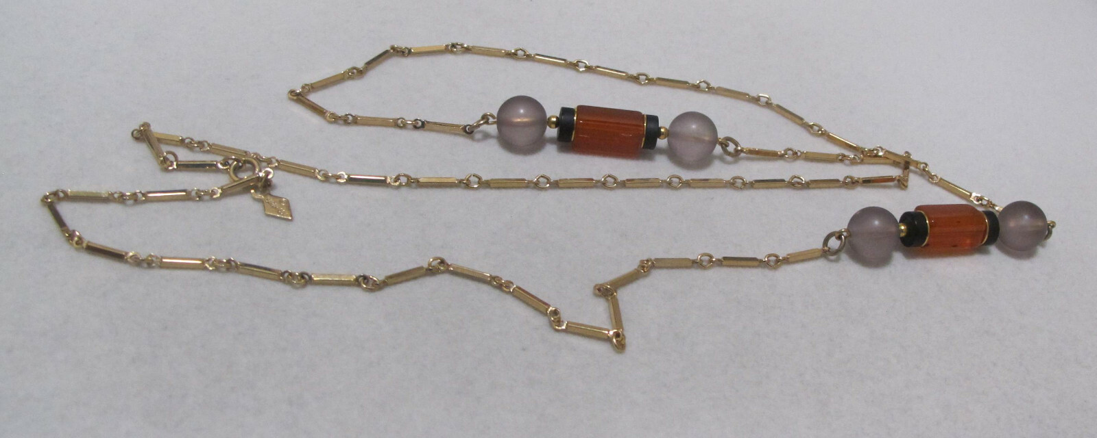 Vtg 1978 SARAH COV “Monterey” 35” Gold Tone Orange Grey Black Station Necklace