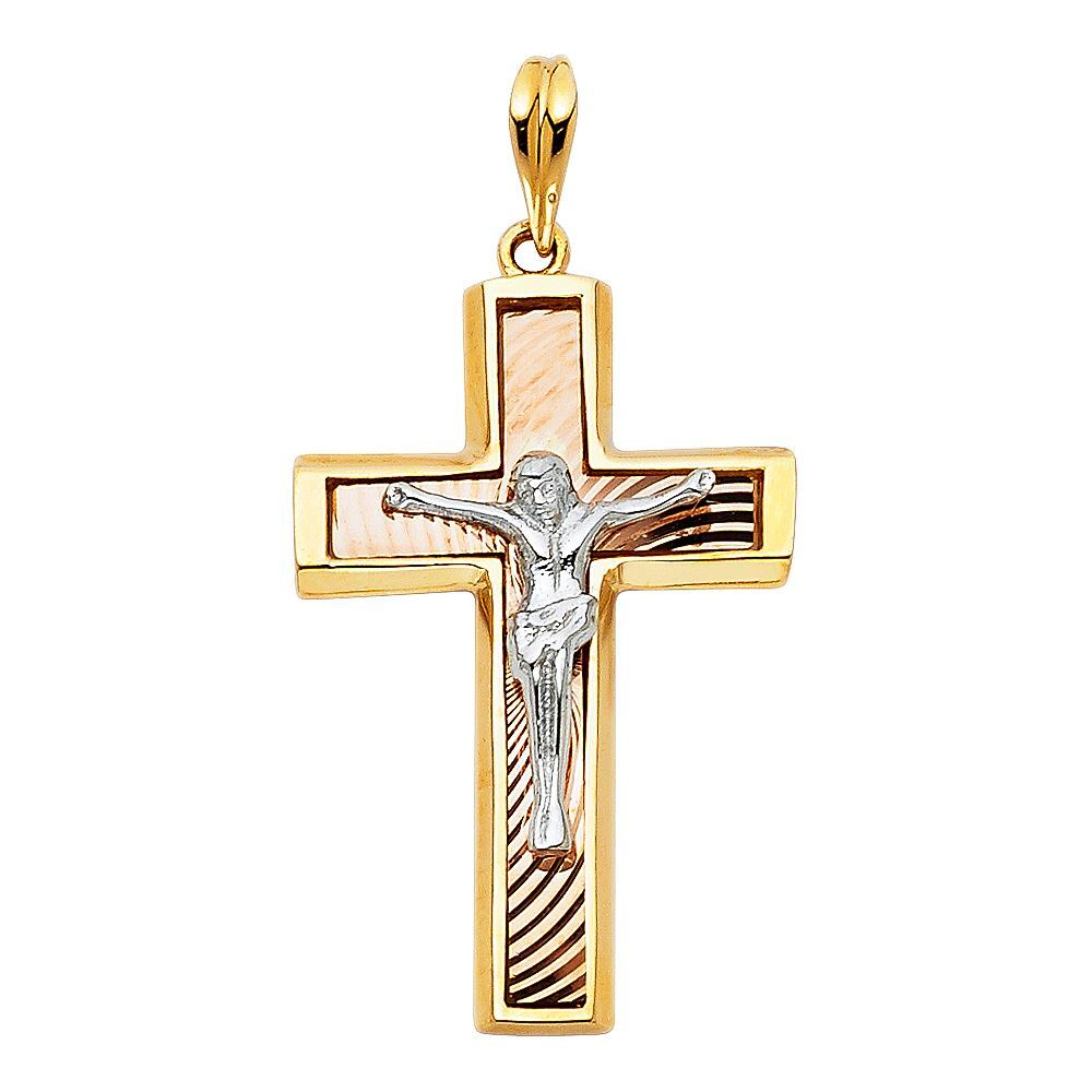 14K Tri Color Gold Crucifix Pendant with 1.2mm Singapore Chain Necklace