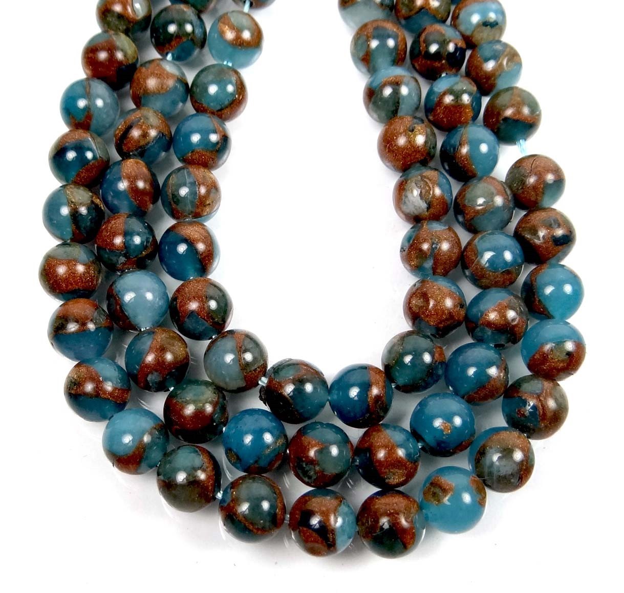 8mm Aquamarine Quartz with Pyrite / Gold Brown Vein Round Beads (23)
