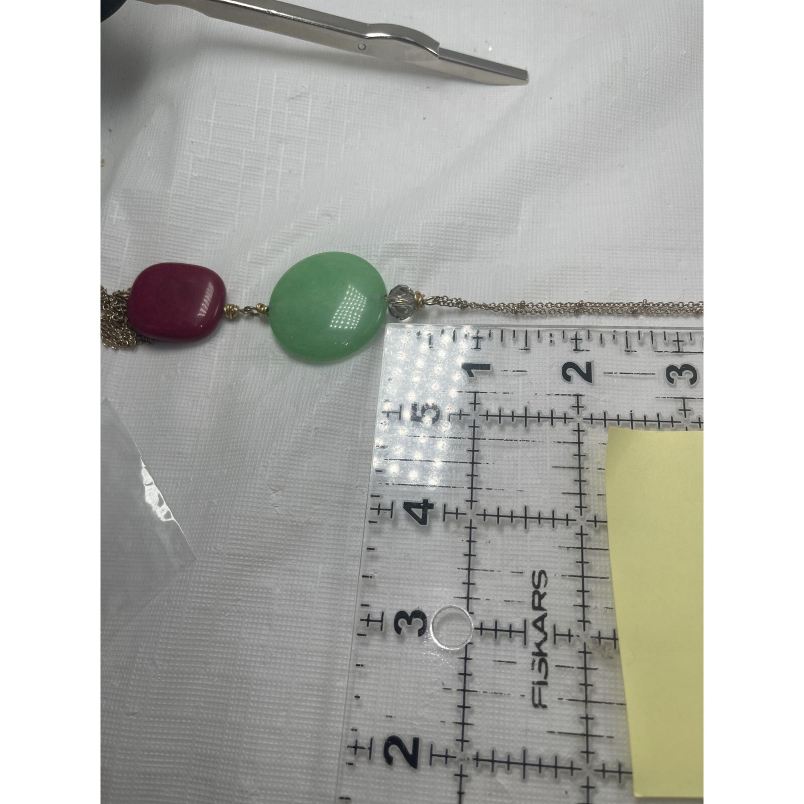 Envious Magenta Red & Green Acrylic Cabochon Stones w Tassel Pendant 36″ Long