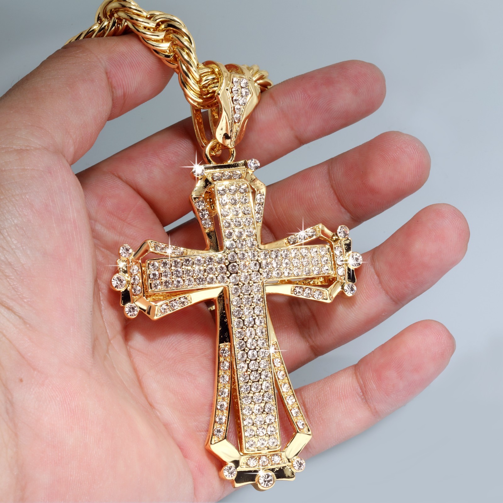 14K Rope Chain 10mm 20″ & 24″In | Large Hollow Cross Gold Plated Hip Hop Style