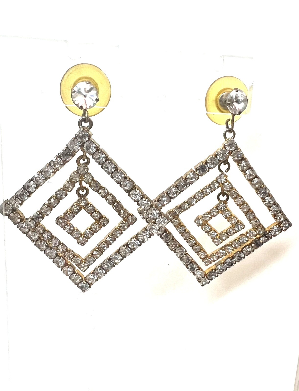 Vintage Layered Geometric Gold Tone Rhinestone Post Back Dangle Drop Earrings