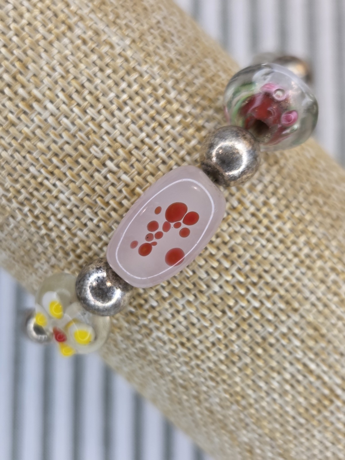 Set Of 2 Multicolor Lampwork Glass Beaded Bracelet, Floral Round Beads