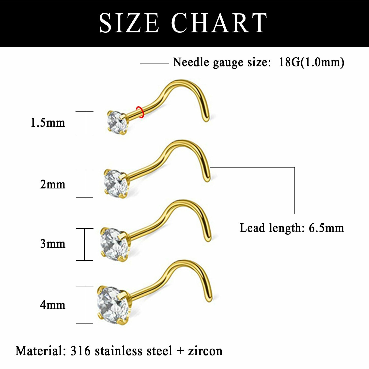 8pcs 18G Surgical Steel Round CZ L-Shaped Nose Screw Studs Rings Body Piercing