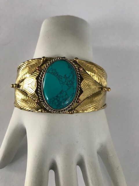 Blue Turquoise Cuff Bracelet 2-Tone Metal Leaf Pattern Cuff Stunning Piece