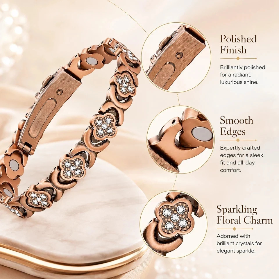 Women’s Copper Magnetic Bracelet Clover Crystal Adjustable Pain Relief Arthritis