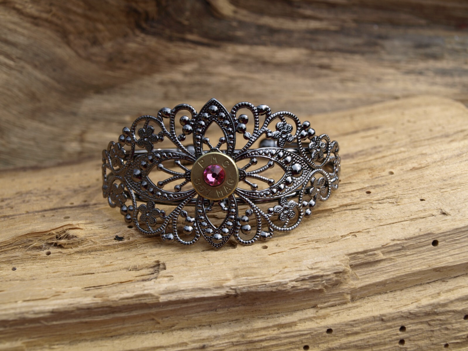 Antique Silver Filigree BULLET Bracelet. Optional Glass Crystal