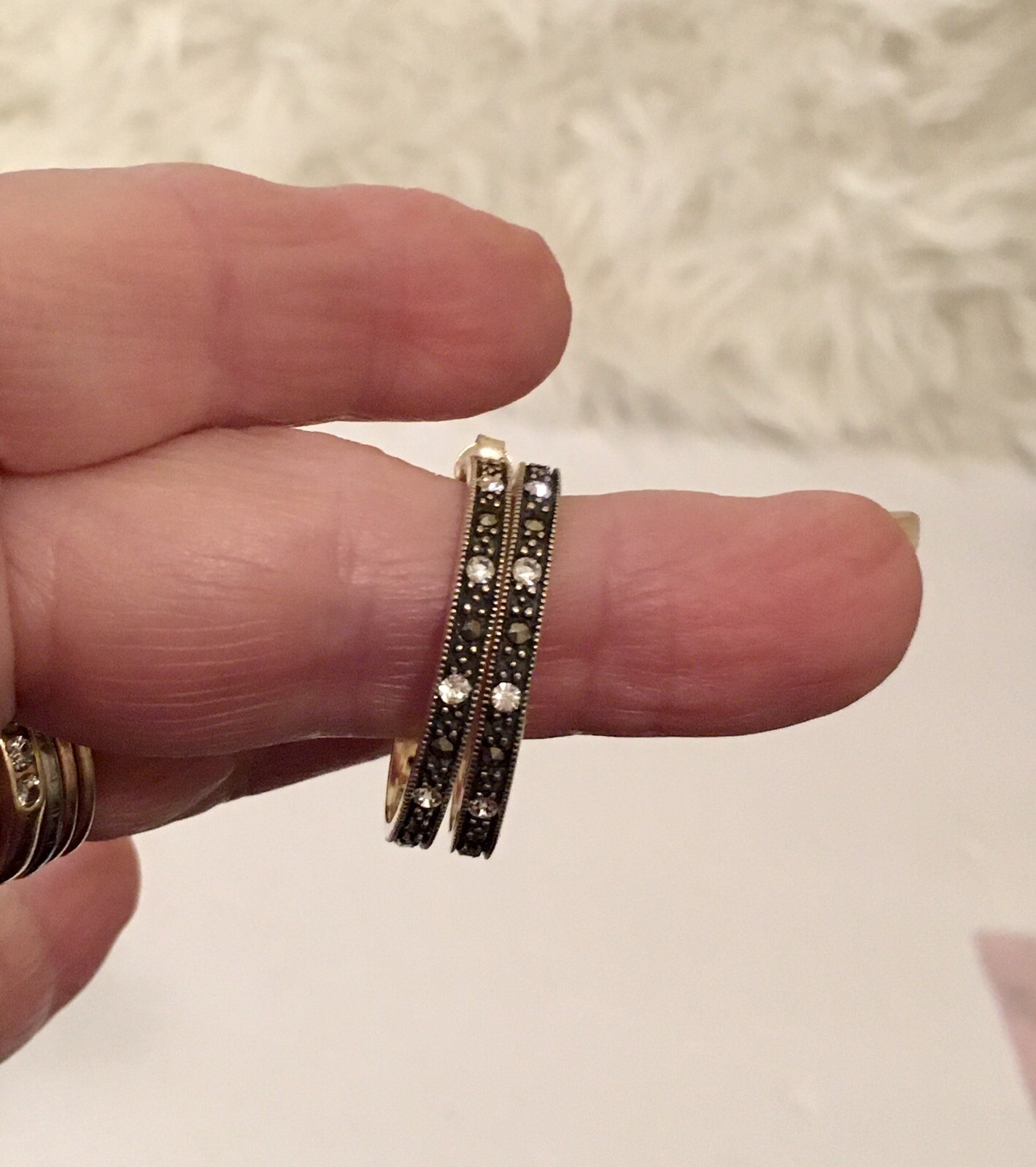 Vintage Sterling Silver Marcasite & Clear Stones Hoop Earrings 5.4 Gram Wt