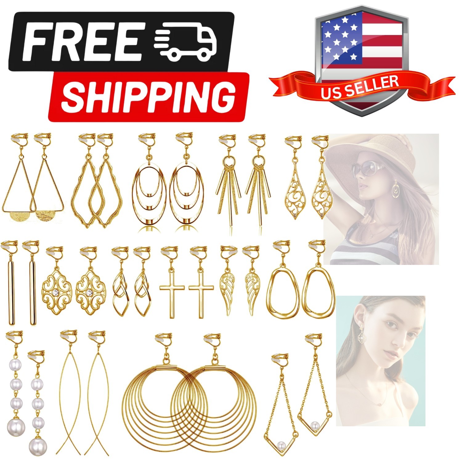 15 Pairs Gold Clip on Earrings for Women Fashion,Lightweight Fake Earrings Set