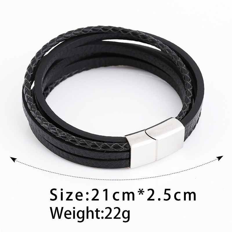Unisex Leather Braided Wrap Bracelet – Black 21cm