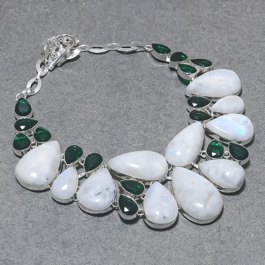 Rainbow Moonstone Chrome Diopside Gemstone Necklace Handmade Jewelry 18″ BN 6612