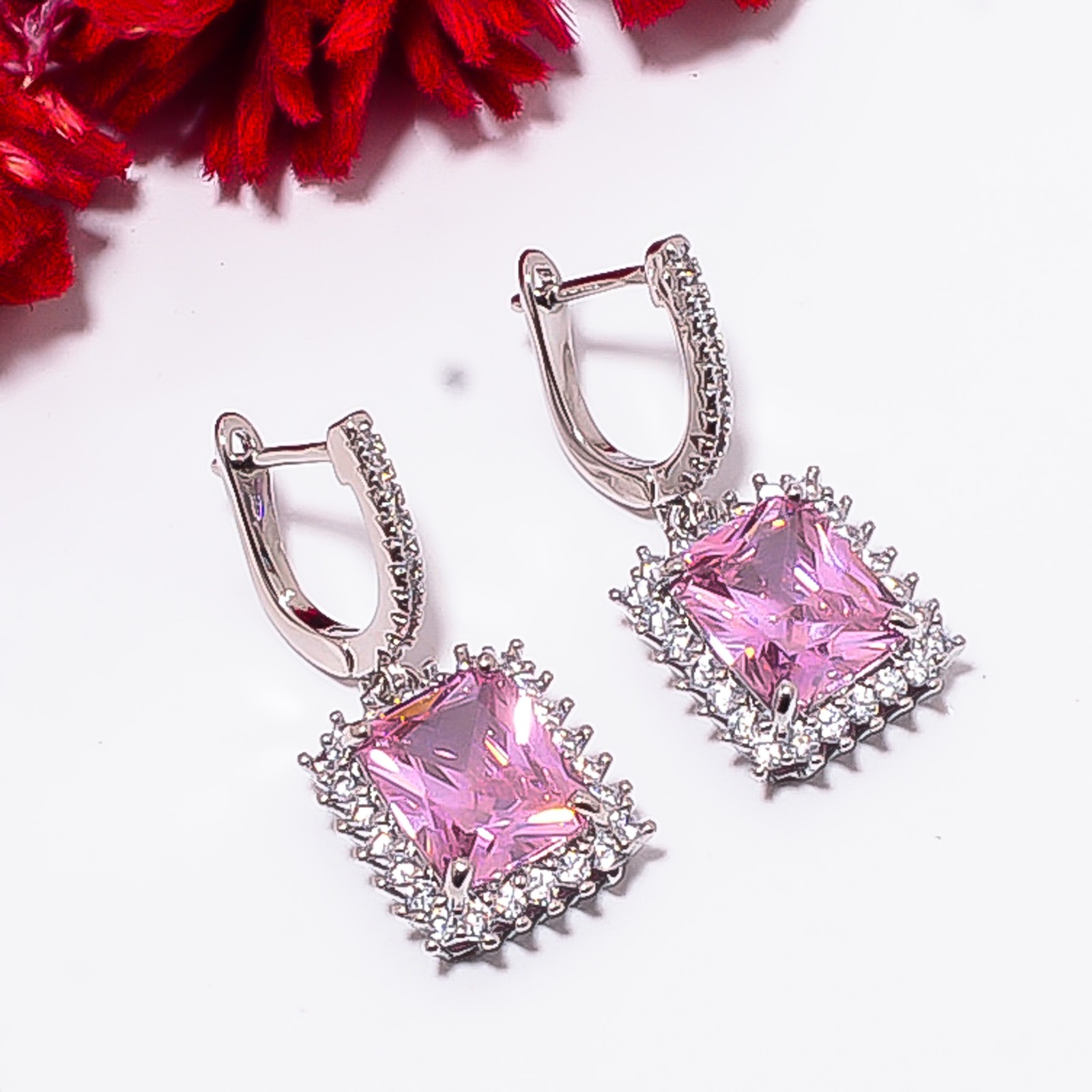 Pink Sapphire Simulated & Cz 925 Sterling Silver Earring 1.30″ E15476