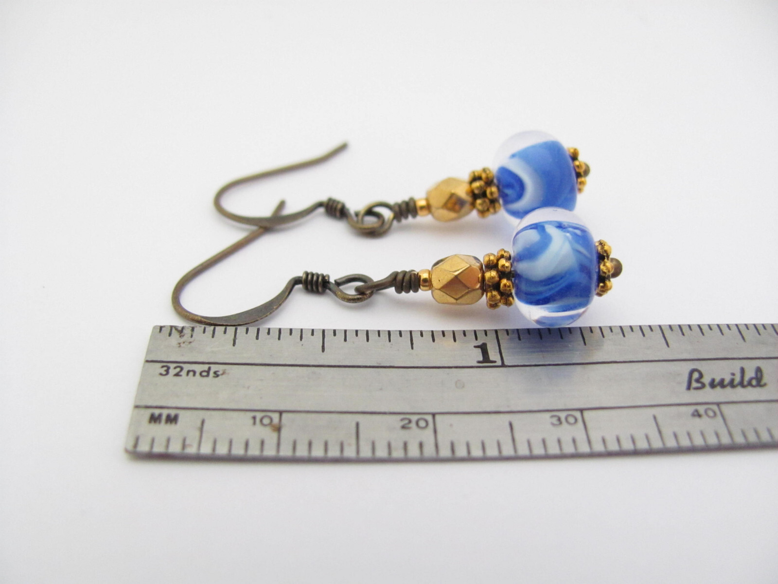 Blue White Earrings Lampwork Glass Antiqued Brass Dainty Boho Chic