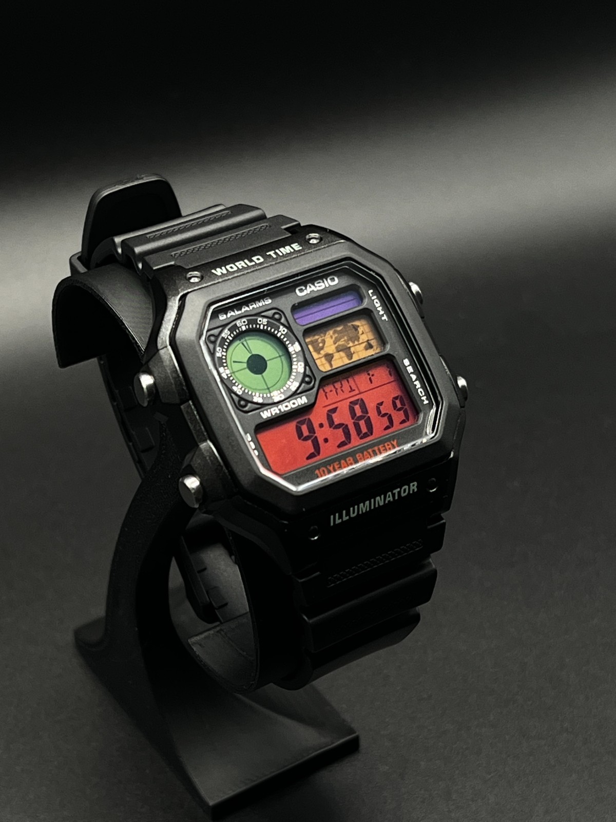 “Cyberpunk” | Custom 🔴🟢🟠🟣 Casio World Time Illuminator | Royale | AE-1200WH