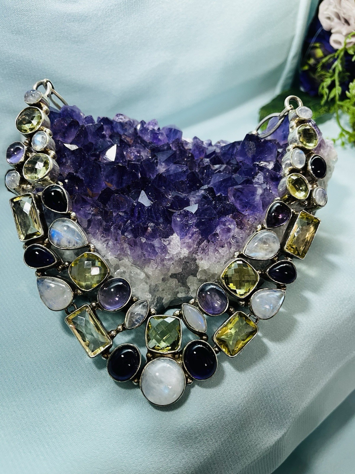 Sterling Silver Multi-gem Moonstone Tourmaline Amethyst Necklace Healing 96 Gram