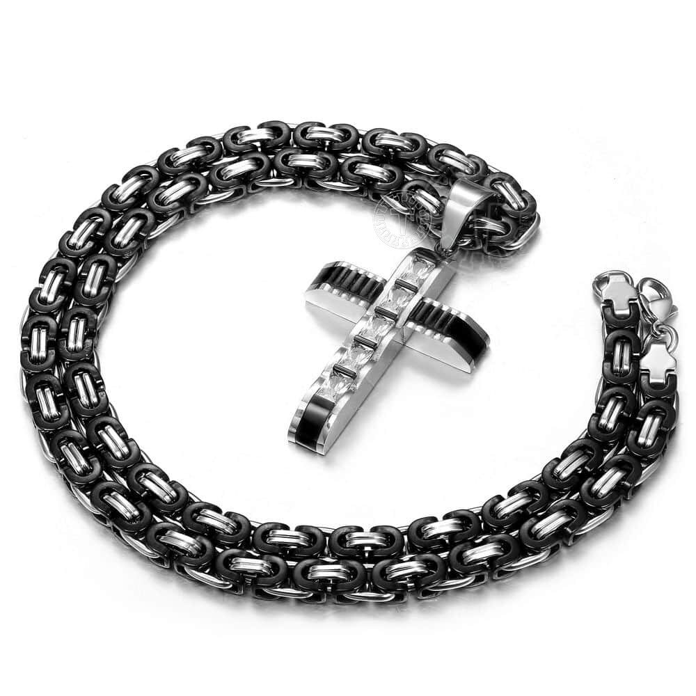 Black&Silver CZ Cross Necklace Pendant Stainless Steel Byzantine Chain 18″-30″
