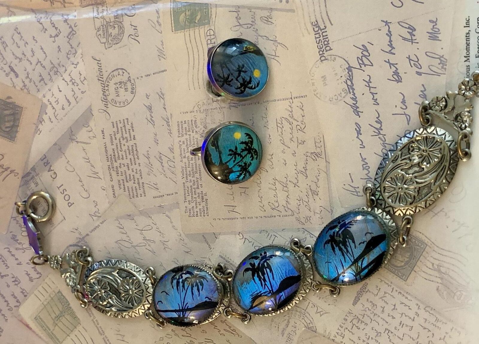 Vintage Art Deco Blue Morpho Butterfly Wing Tropical 1920’s Bracelet Earring Set