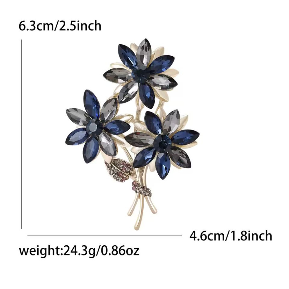 Luxury Rhinestone Flower Bouquet Brooch Gold Blue Floral Pin Nature Jewelry Gift
