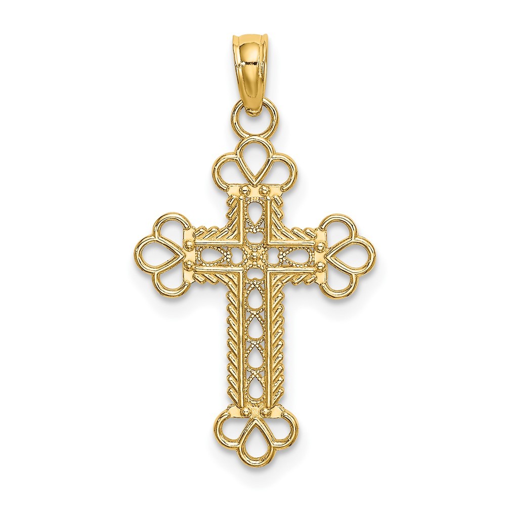 10K Yellow Gold Textured and Cut-Out W/ Rope Frame Block Cross Charm Pendant