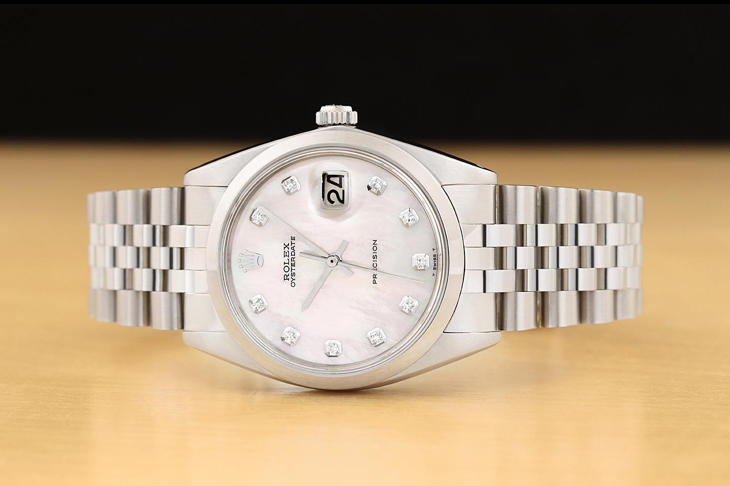 ROLEX OYSTERDATE PRECISION 6694 WHITE MOTHER OF PEARL DIAMOND STEEL 34MM WATCH