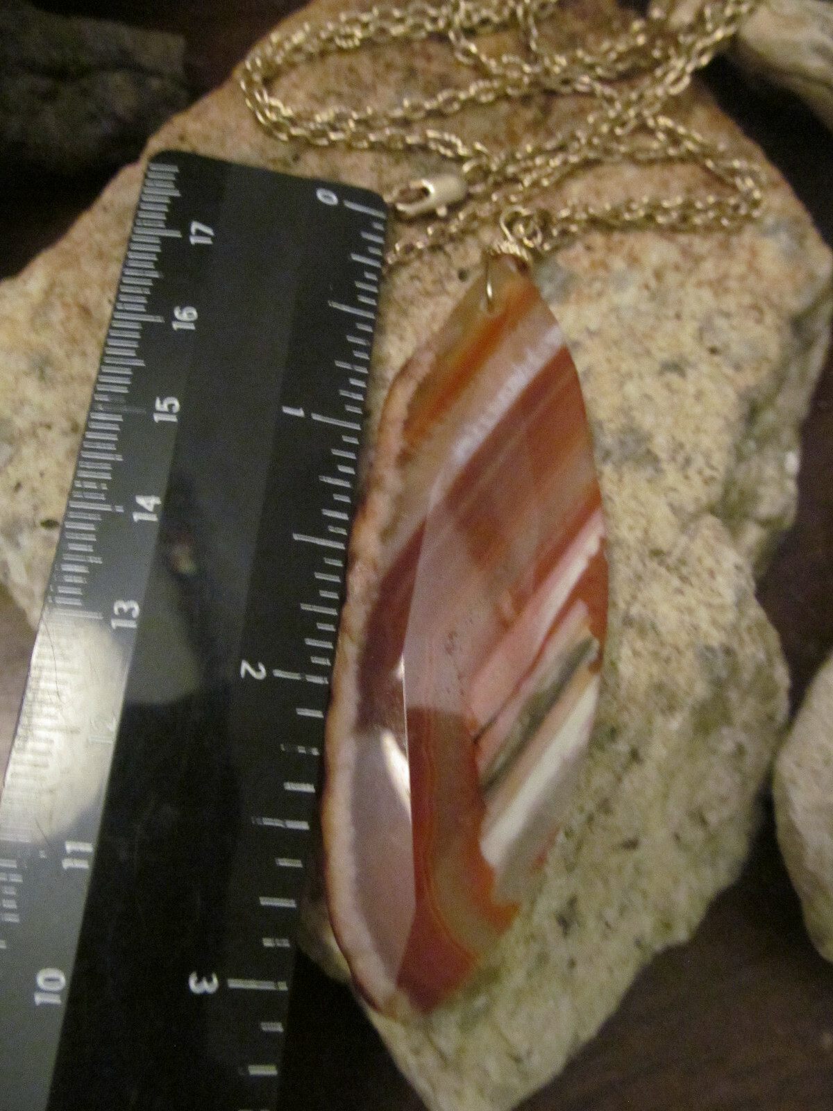 Vintage Gold tone Brown-Orange AGATE stone Long Hammered chain Necklace 15.7g