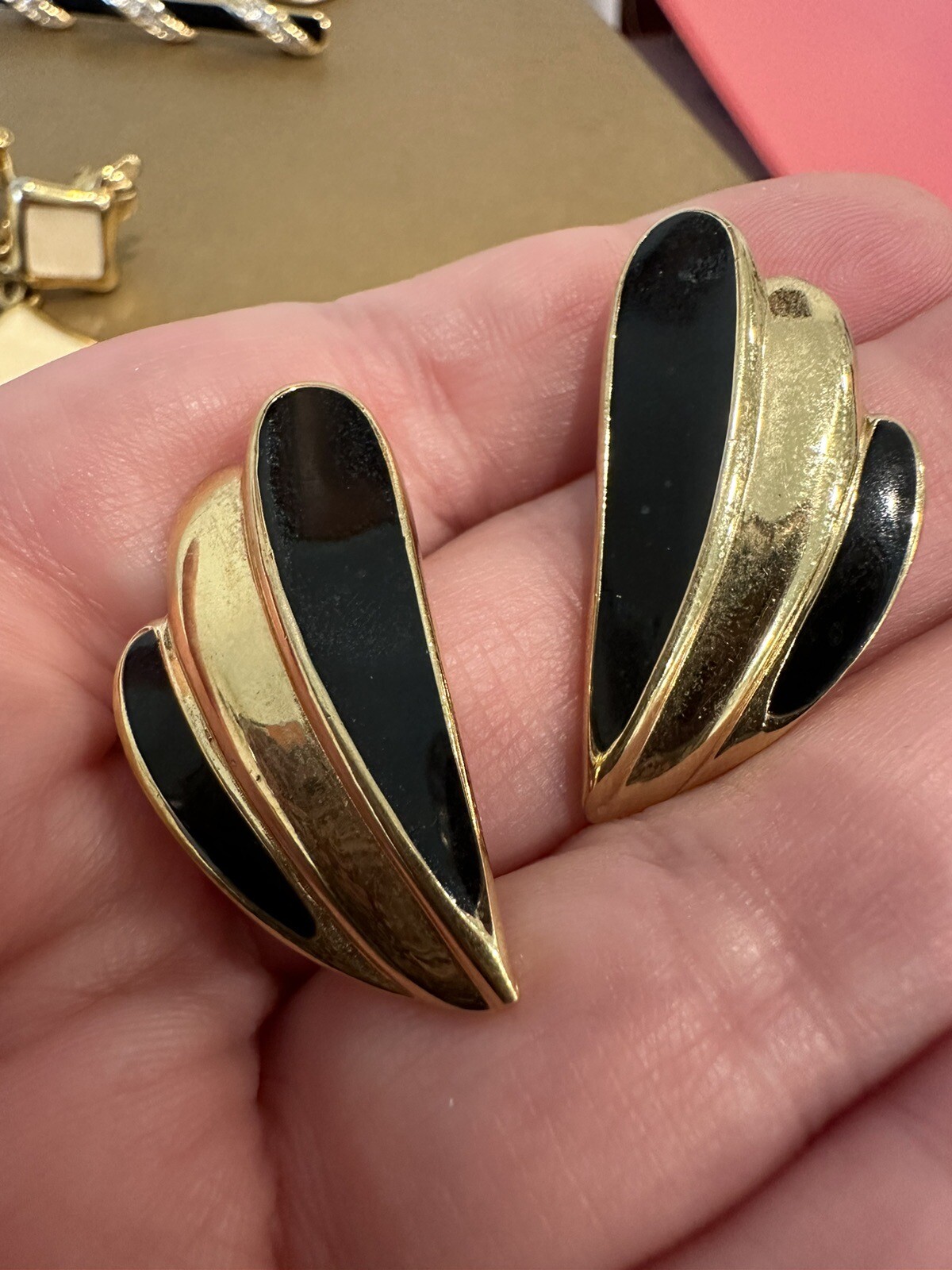 Trifari Vintage Lot 3 Earrings 1 Bar Brooch Gold Tone Black Enamel Rhinestones