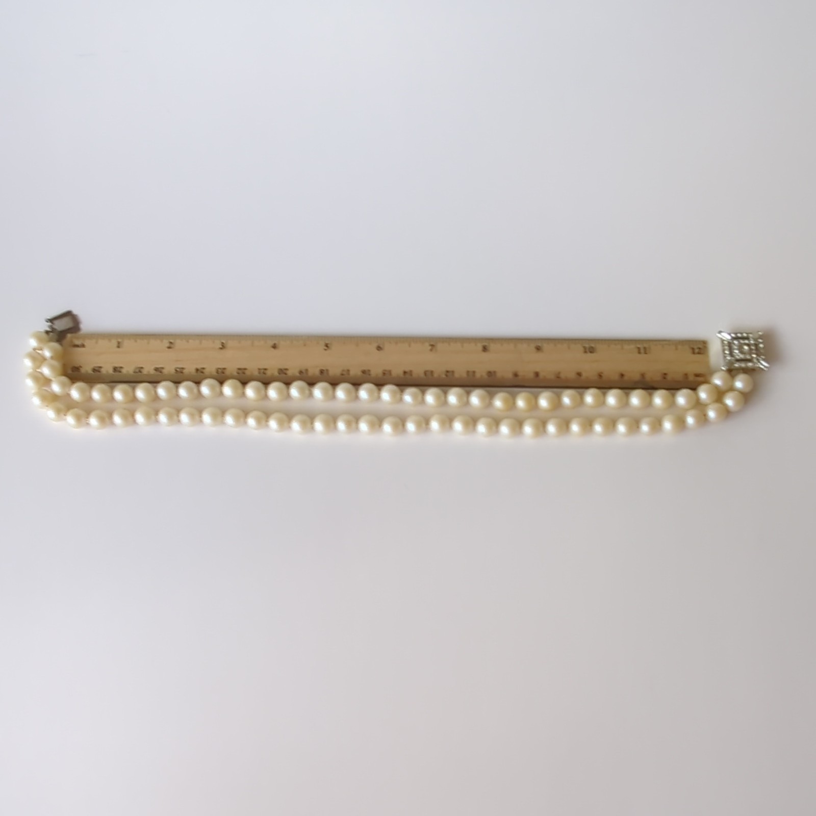 Vintage Double Strand White Pearl Beaded Strand Choker w/ Rhinestone Box Clasp