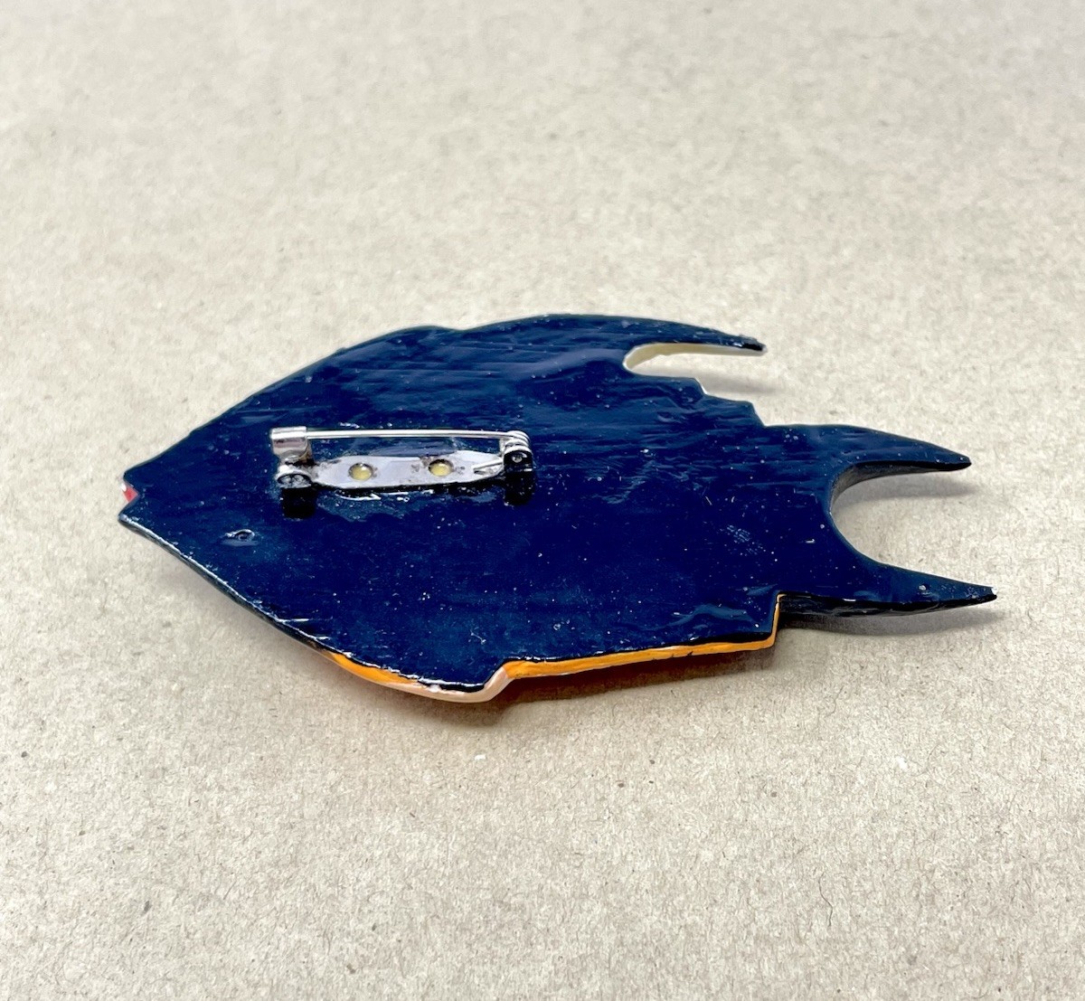 Vintage Colorful Tropical Fish Brooch Blue Orange Black Estate Statement Piece