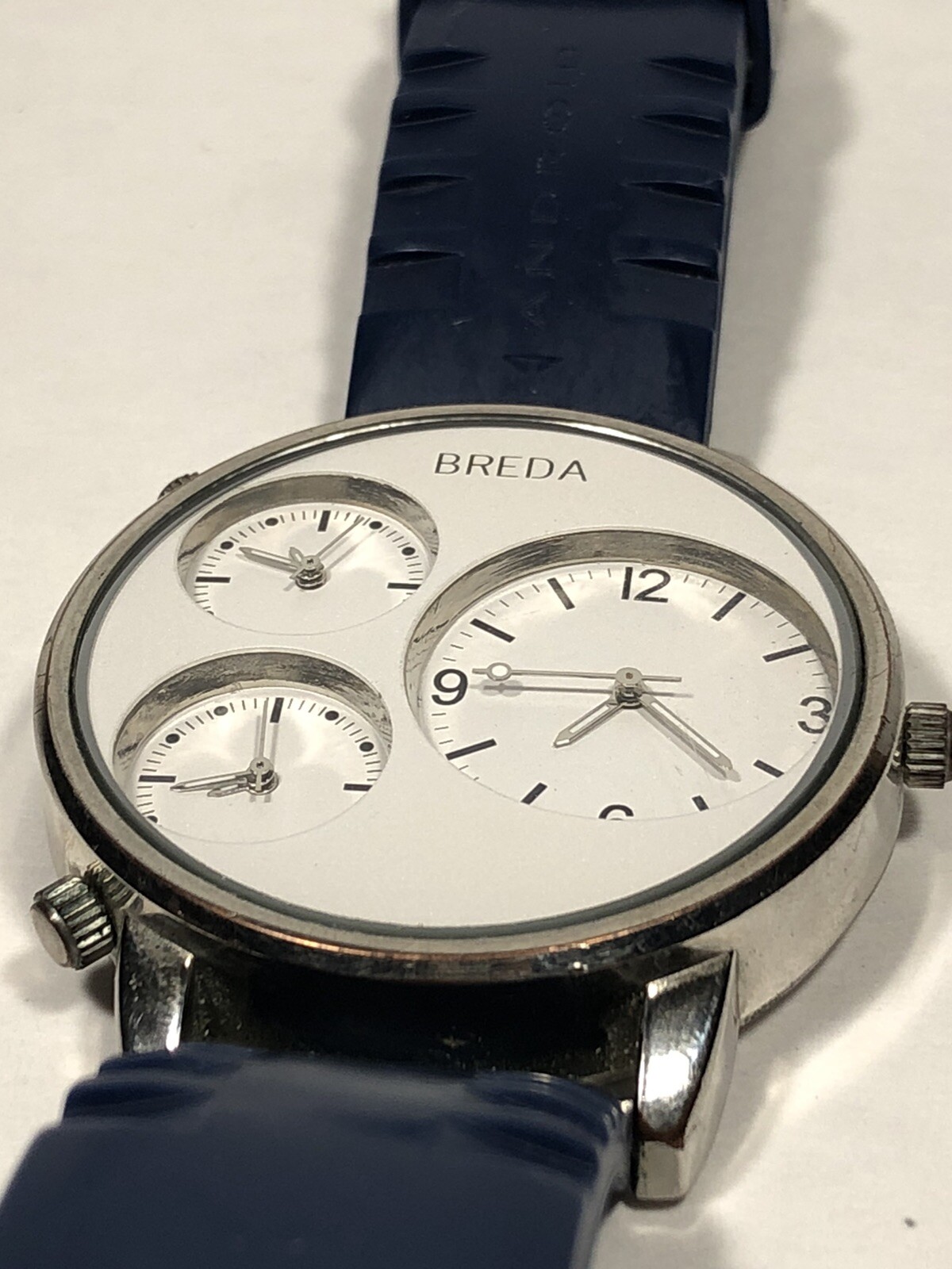 BREDA Triple Time Silver Case Quartz Analog White/Dark Blue Men’s Watch 1627