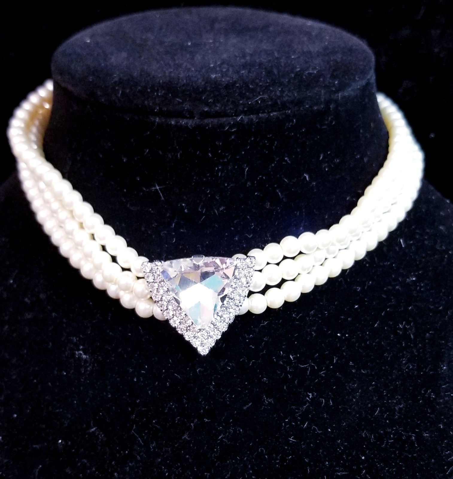 Clear Crystal Choker Rhinestone Created Pearls Necklace Bridal Prom Pageant