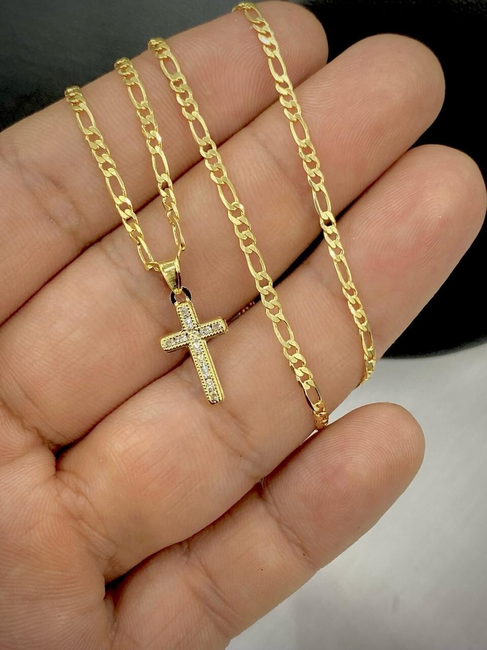 Men Women Cross CZ Pendant 14k Gold Filled Figaro Chain Necklace Baby Kids 17×10