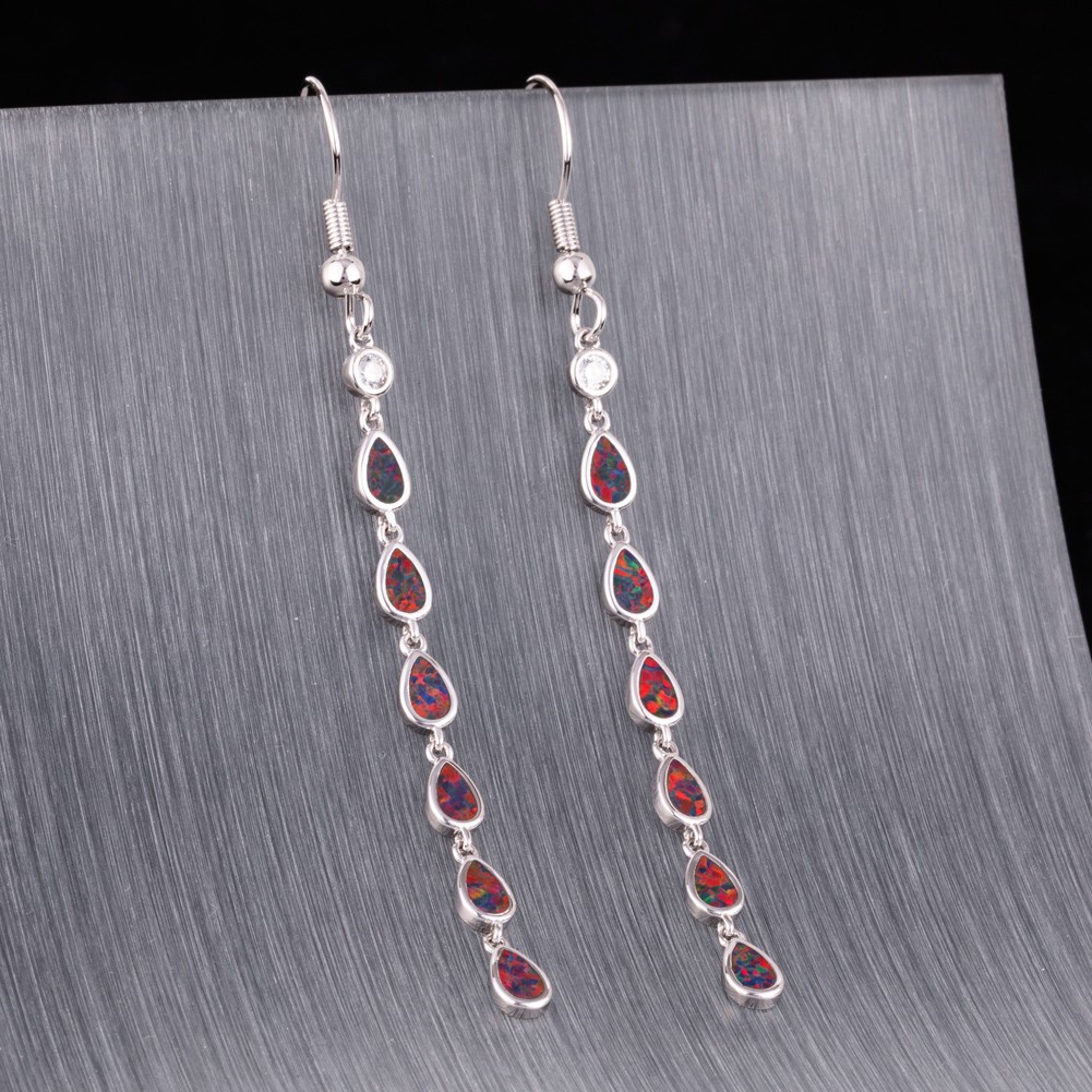 Multi Pear Black Cherry Red Fire Opal CZ Silver Jewelry Dangle Drop Earrings