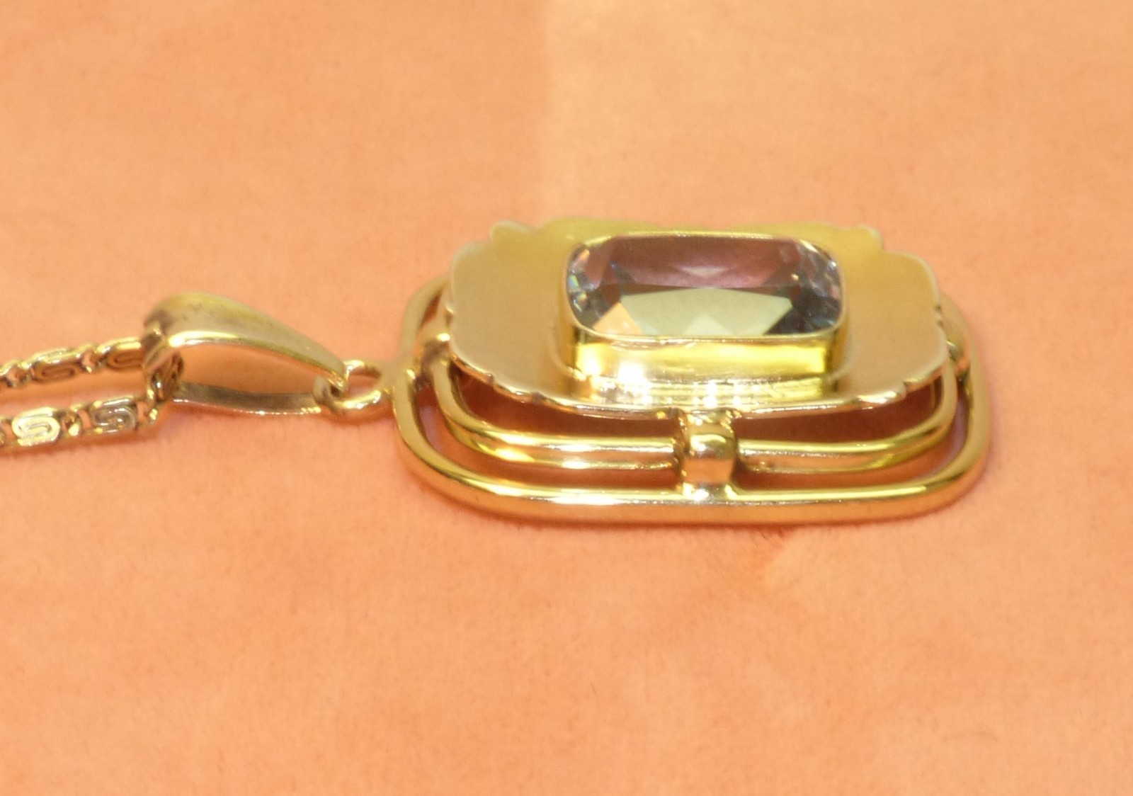 Antique Art Deco 835 Silver & Blue Spinel Pendant Necklace 19 1/2″ Snail Chain