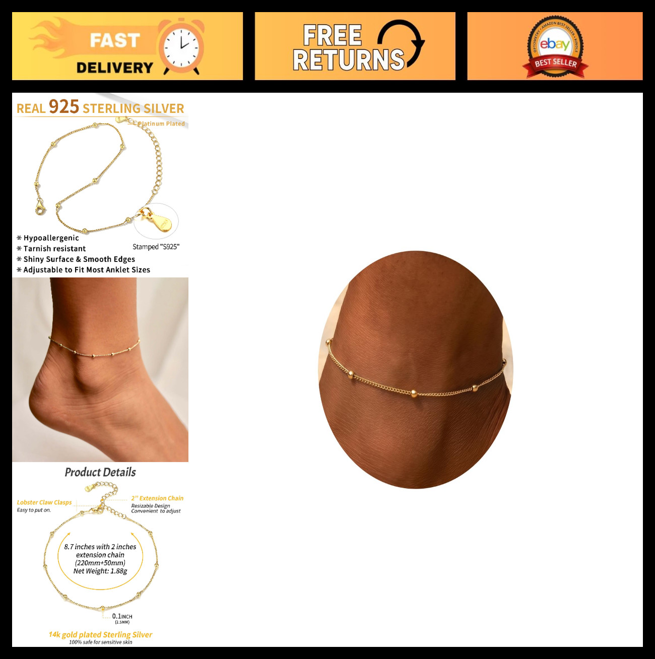 925 Sterling Silver Ankle Bracelet for Women – Cuban Link Figaro Twist Rope Ankl
