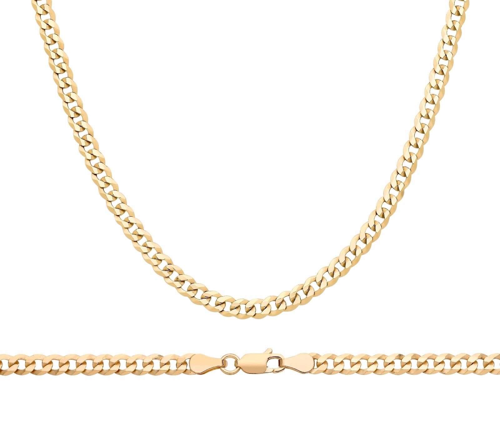 9ct Yellow Gold on Silver Solid Curb Chain – 4mm – 16″ 18″ 20″ 22″ 24″ 26″ 30″