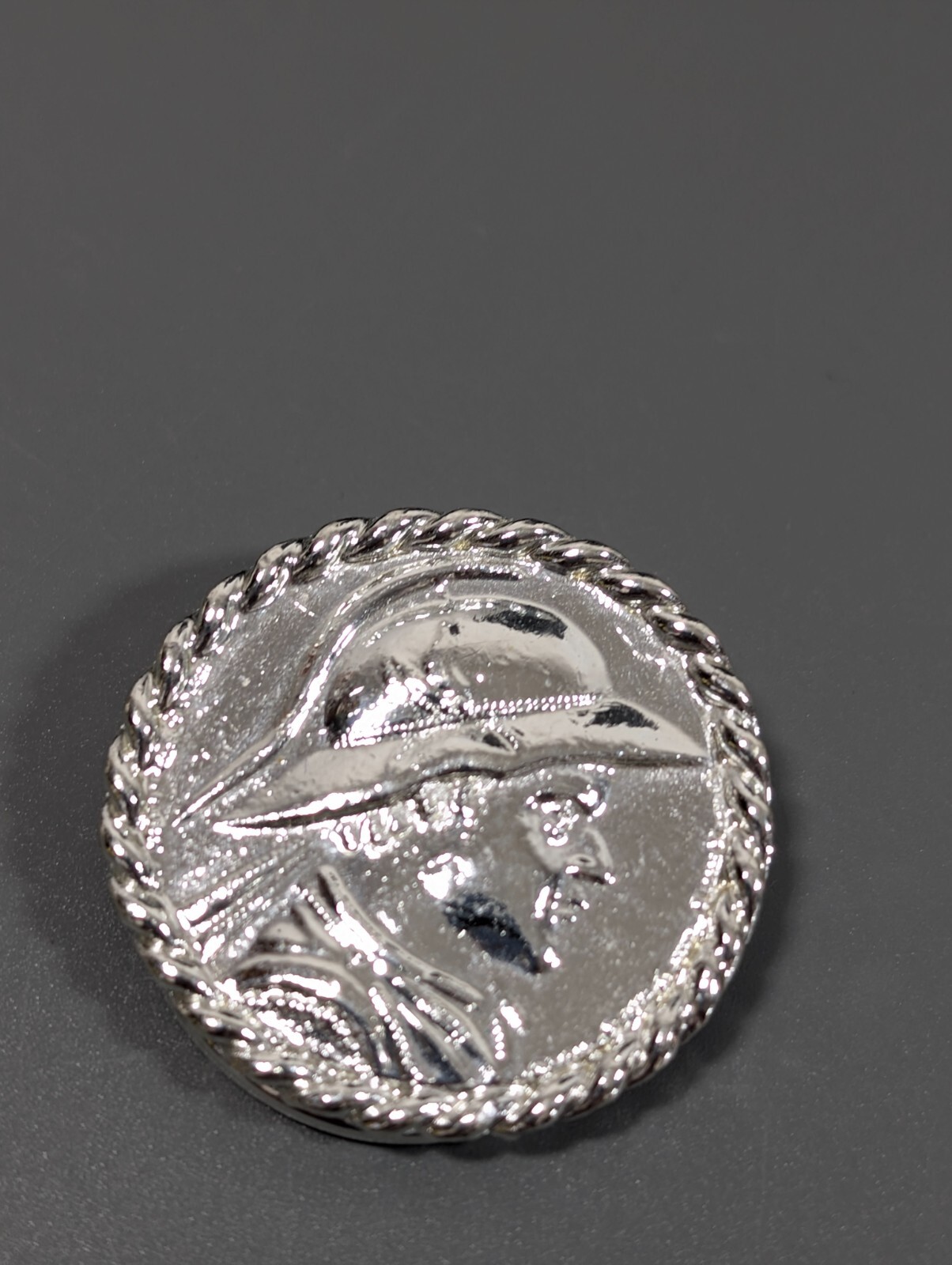 Vintage Silver Tone Woman with Hat Round Classic Retro Scarf Dress Clip