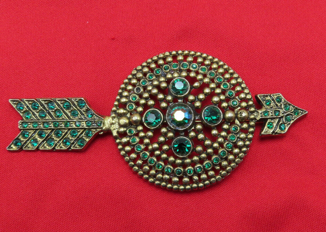 Antique Rhinestone Brooch Arrow Emerald Green Crystal 3.75 in OOAK Vintage 263f