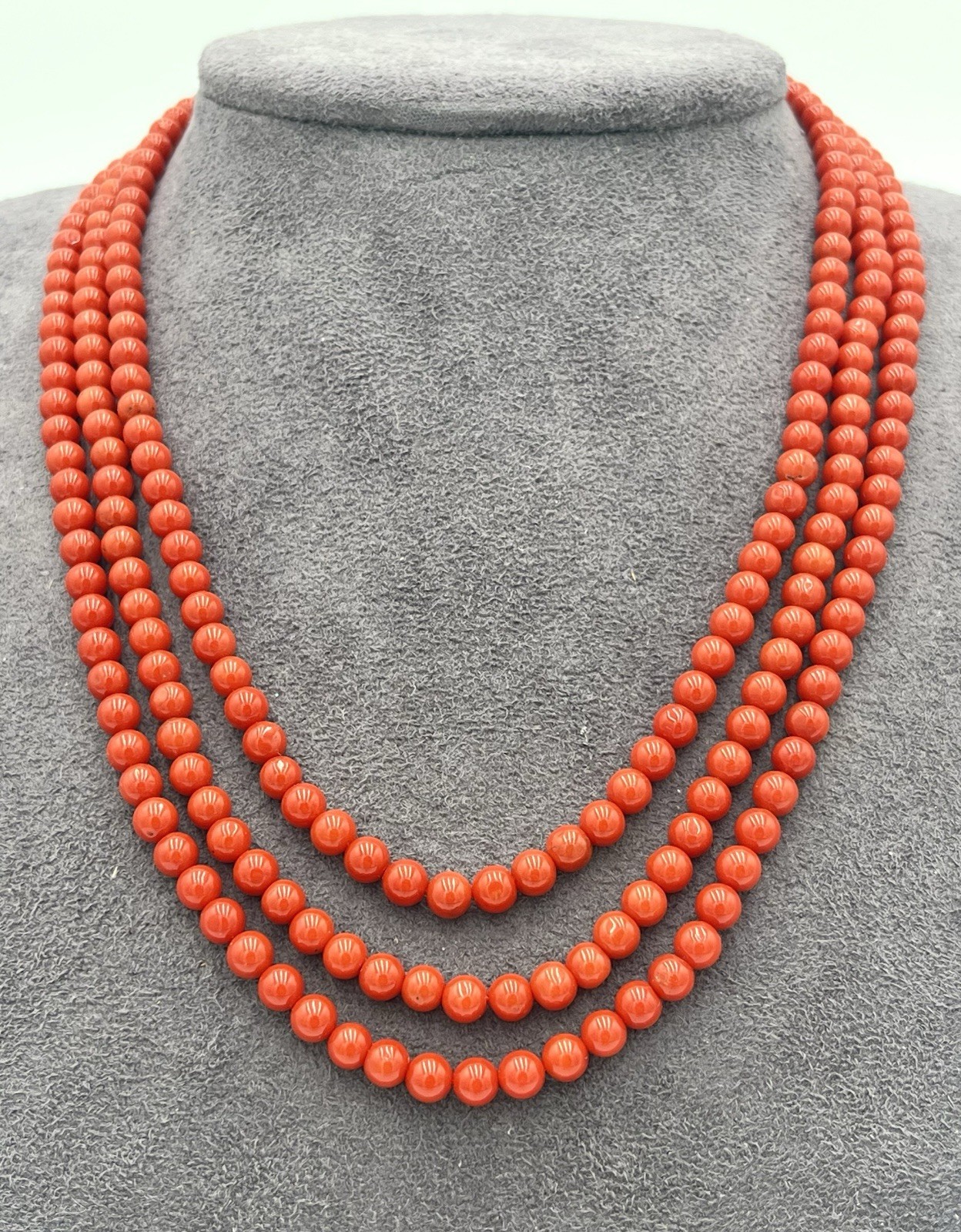 Natural Mediterranean Red Coral 3 Strand Necklace 5mm 18kt Gold 62g Made Italy