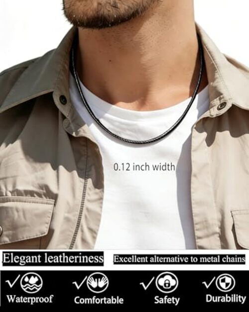 Waterproof Braided Leather 2MM/3MM/4MM/5MM ，14″ to 42″ 20 x 0.12 inches Black